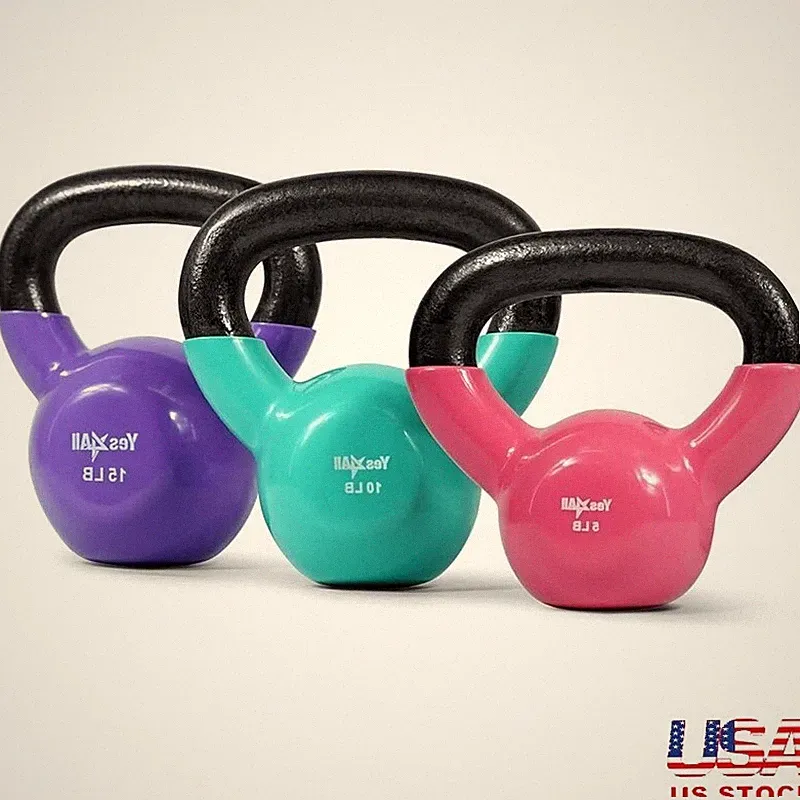 Dumbbells Vinyl Coated Kettlebell Set Cast Iron Weights Full Workout Fitness New