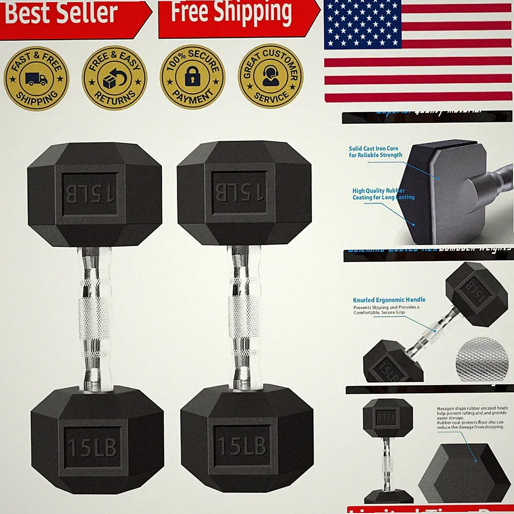 Durable 15 LB Hex Dumbbells - Ideal for Home Gym Workouts & Weight Loss
