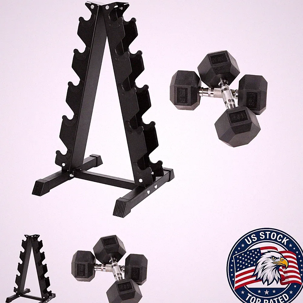 Durable 25LB Hex Dumbbell Pair with A-Frame Storage Rack - No-Roll Design