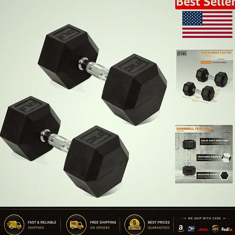 Durable 25lb Rubber Coated Hex Dumbbells - No-Roll Hand Weights for Fitness