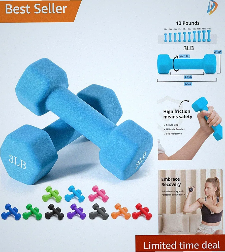 Durable 3 LB Hex Dumbbells with Non-Slip Handles - Vibrant Colors Available