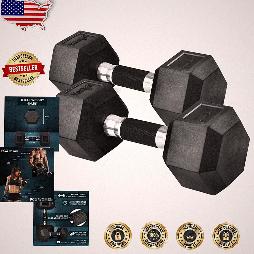 Durable 40lb Rubber Encased Hex Dumbbells - Anti-Slip Grip, Floor Protecting,...