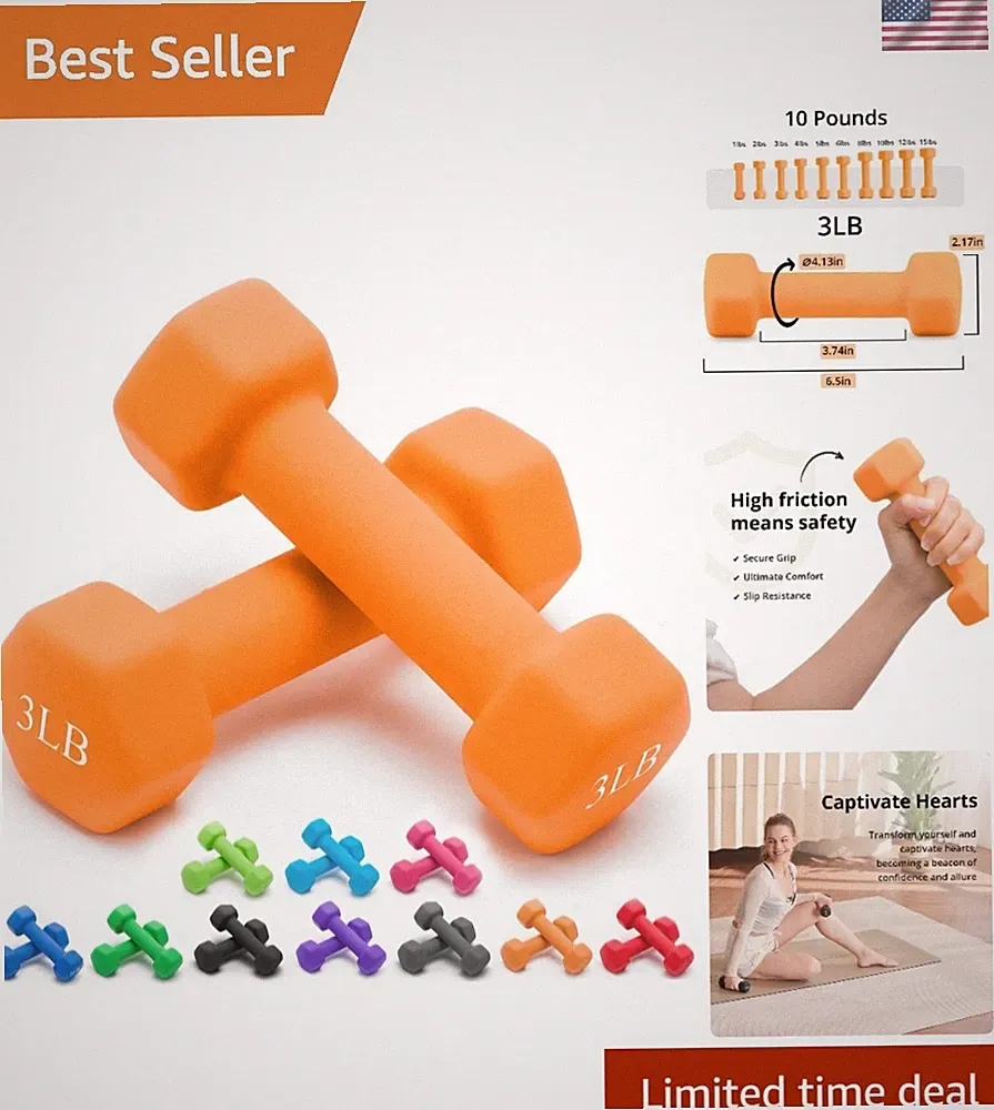 Durable Anti-Roll Hex Dumbbells Set - 2 Neoprene Weights, 1-15 LB, Easy Storage