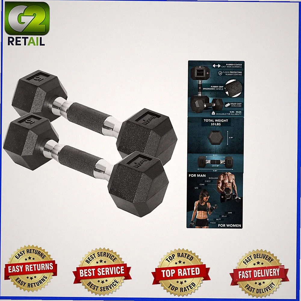 Durable Chrome/Rubber Grip Hex Dumbbells Pair 10-30 LBS for Flawless Workouts