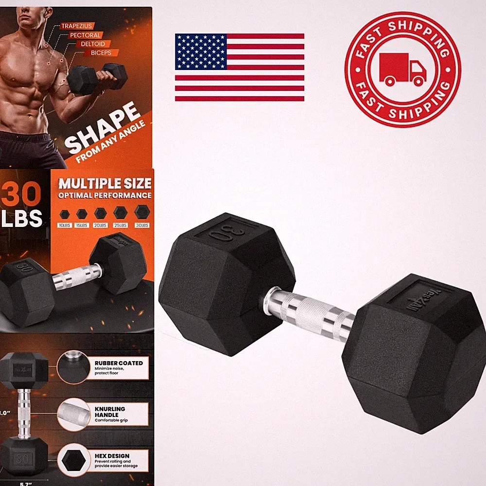 Durable Hex Dumbbell 30 Pounds Rubber Coated Anti Slip Weight for Fitness