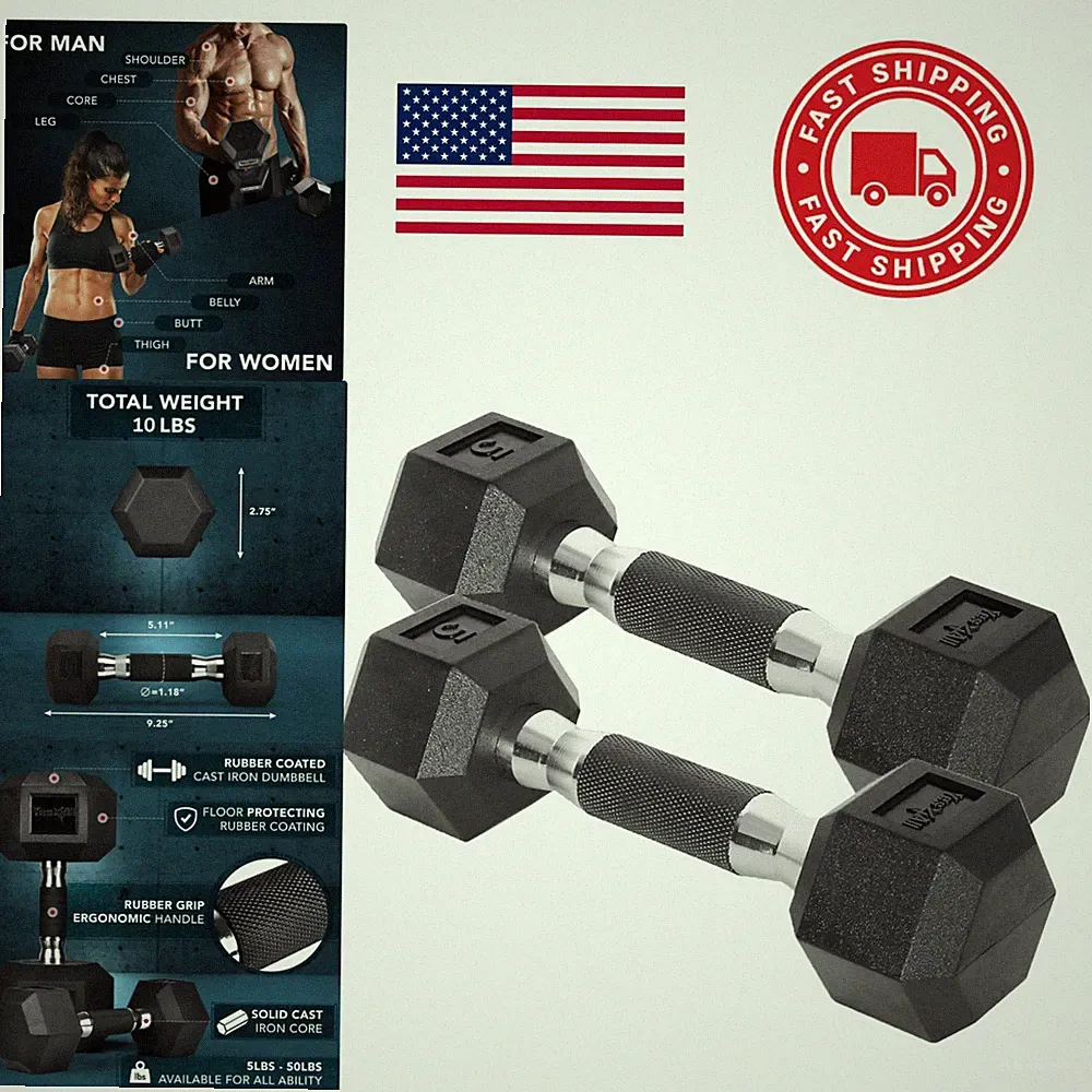 Durable Hex Dumbbells Rubber Coated 10 to 30 Pounds Pair for Weight Training