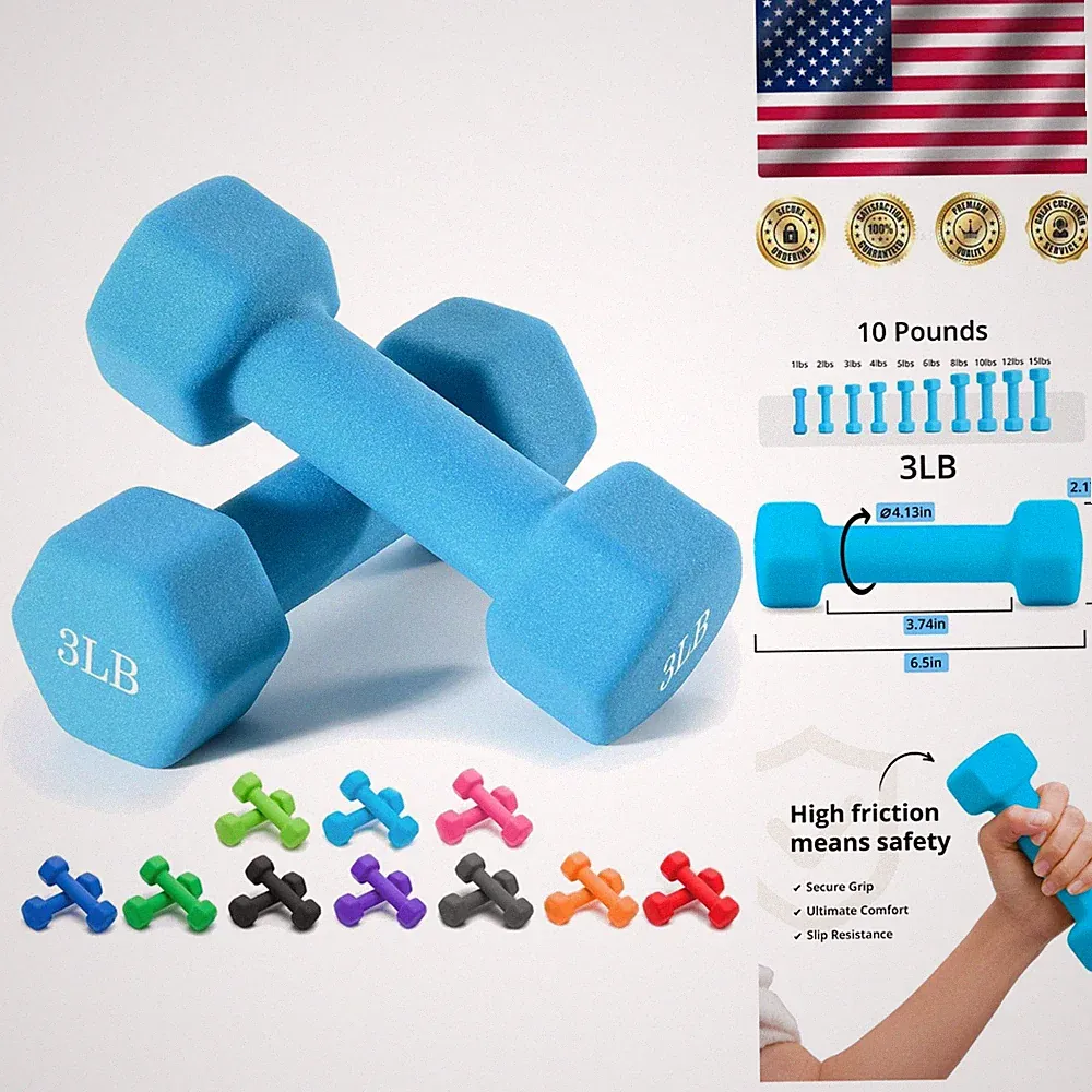 Durable Hex Shaped Neoprene Dumbbells: 1-15 LB Options, Anti-Roll Design