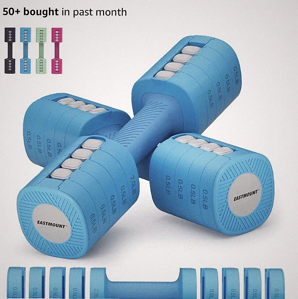 EAST MOUNT Adjustable Dumbbells Set of 2, 2-6lb, Blue, Soft Rubber Grip, Women