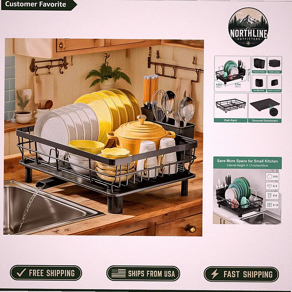 Efficient Kitchen Dish Drying Rack with Drainboard - Fits 12 Plates & More