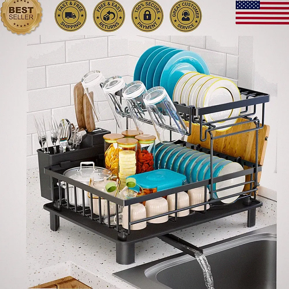 Effortless Tool-Free Assembly 2-Tier Dish Drying Rack - Durable & Modern, Black