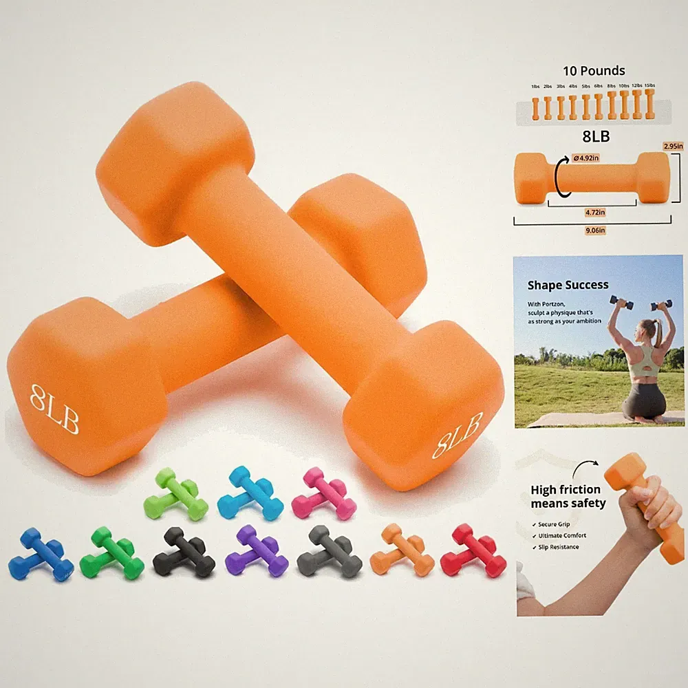 Elegant 8 lbs Hex Dumbbells Set - 10 Color Options, Anti-Slip for Safe Training