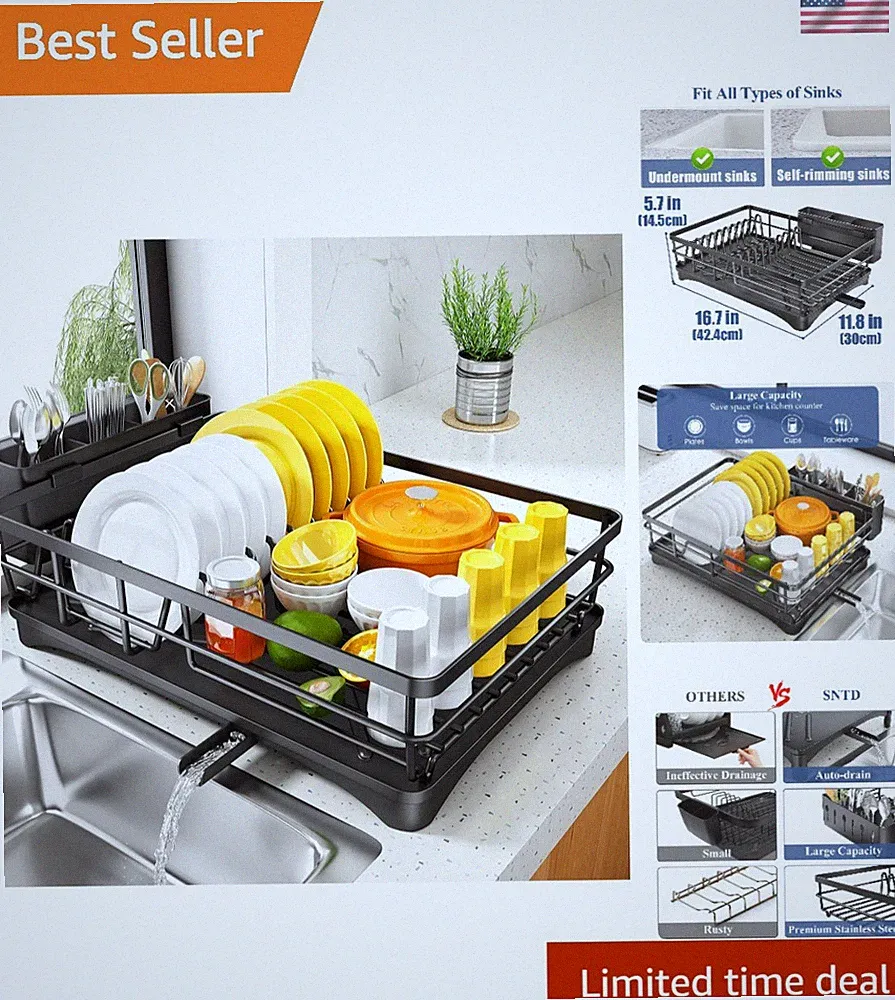 Elegant Dish Drying Rack in Black - Large Capacity & Rustproof Stainless Steel