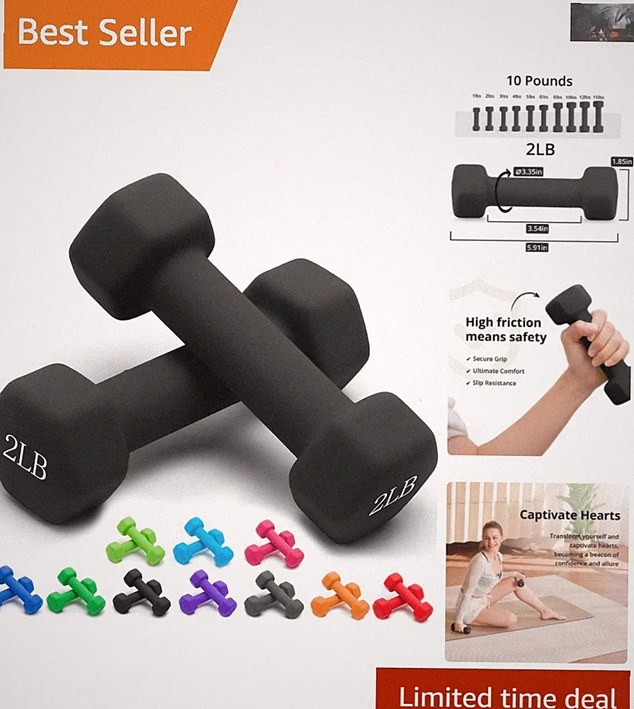 Elegant Hexagonal Neoprene Dumbbells - 2 Piece Set, 1-15 LB, Perfect for Travel
