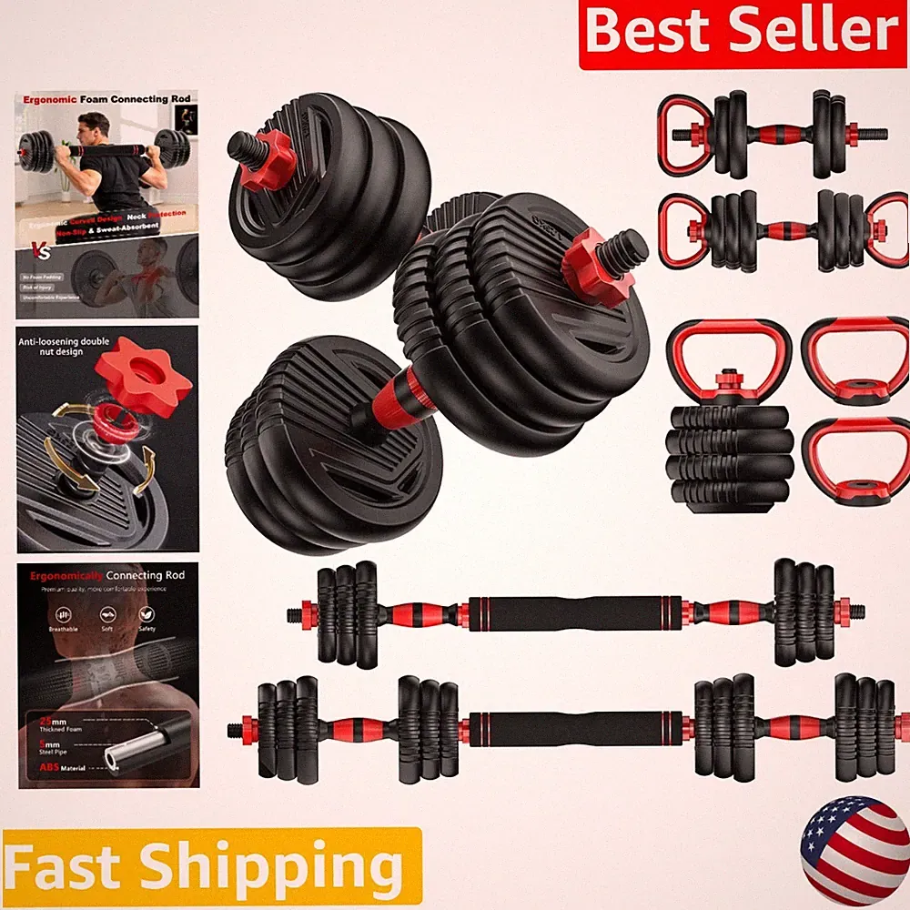 Elite 45lb Adjustable Dumbbells 5-in-1 Barbell Kettlebell Red Steel Home Fitness
