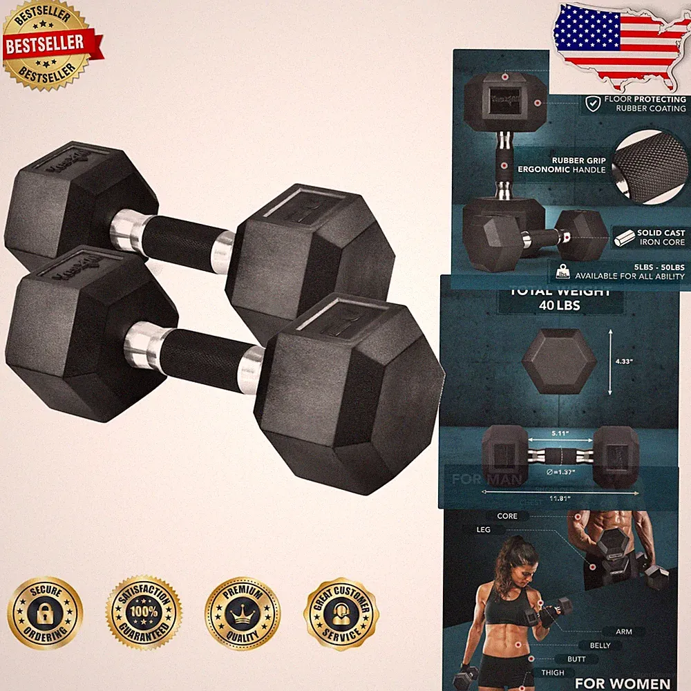 Encased Rubber Hex Dumbbell 40lb Pair - Unbreakable, Noise Reducing, Floor Safe