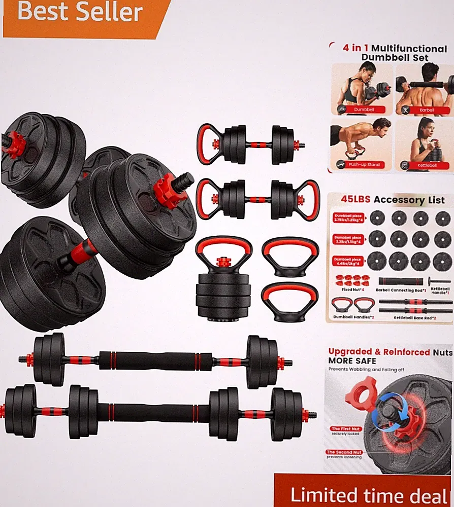 Ergonomic Adjustable Dumbbell Set - Non-Slip Grip, Safety Nuts, 20-90 lbs