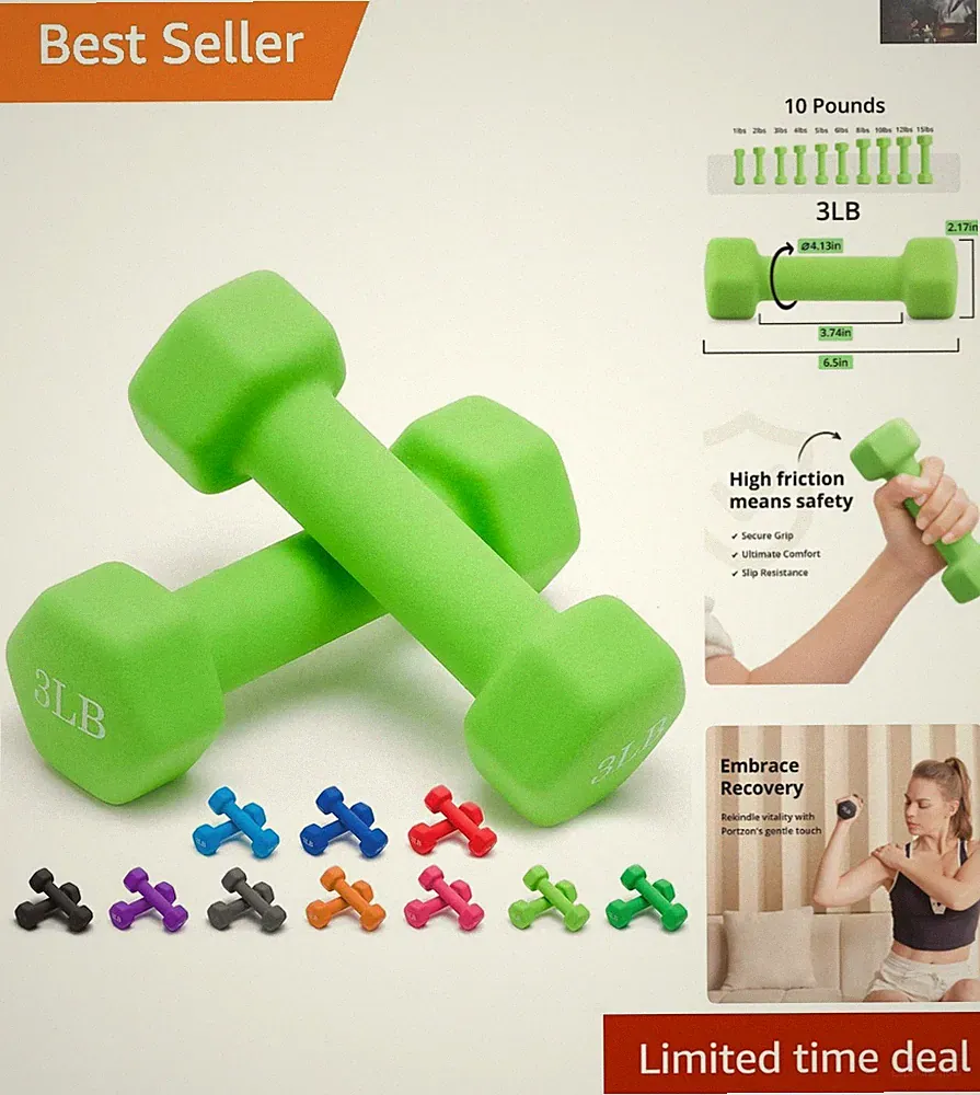 Ergonomic Neoprene Dumbbell Pair - Non-Slip 3 LB Weights for Strength Training