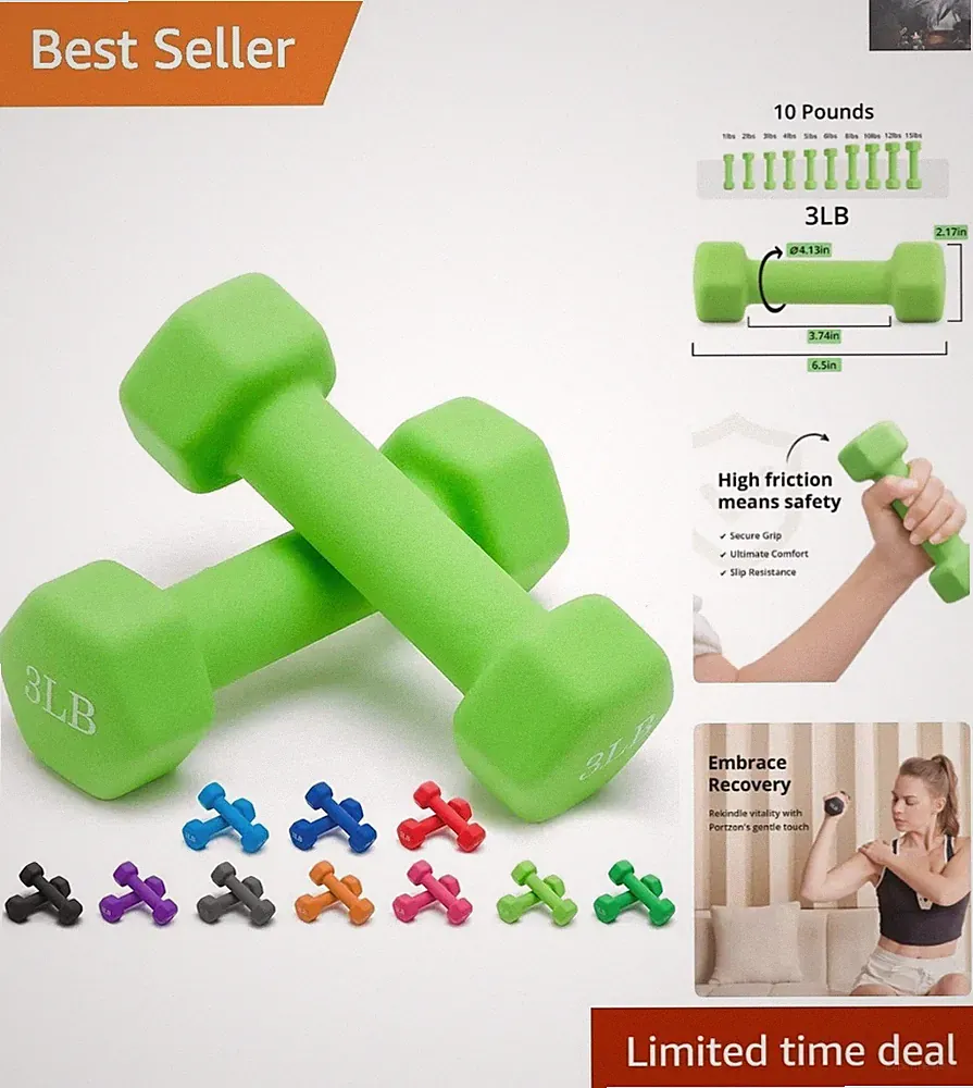 Ergonomic Neoprene Dumbbell Pair - Non-Slip 3 LB Weights for Strength Training