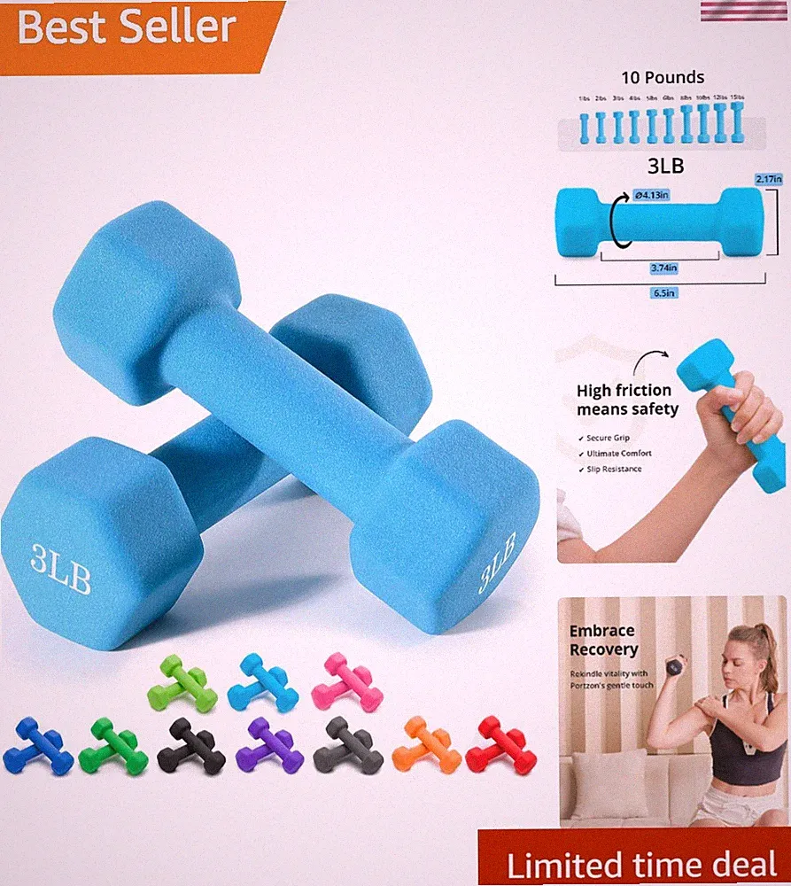 Ergonomic Neoprene Dumbbells Set of 2 | Anti-Slip, 1-15 LB, 10 Vibrant Colors