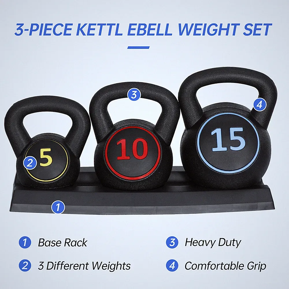 Exercise Fitness Concrete Weights 3-Piece Kettlebell Set 5lb 10lb 15lb