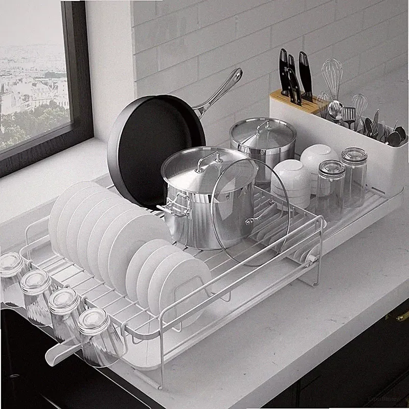 Expandable Dish Drying Rack W/ Anti-Slip Caps & Drainboard Kitchen Use