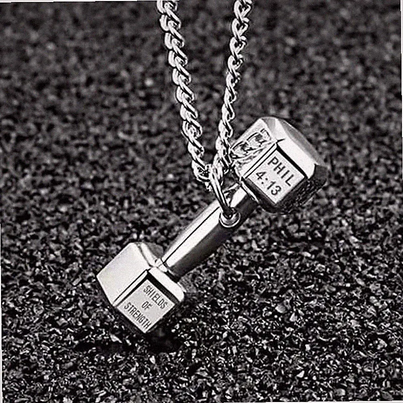 Fashion Stainless Steel Hip Hop Fitness Gym Weightlifters Punk Dumbbell Necklace