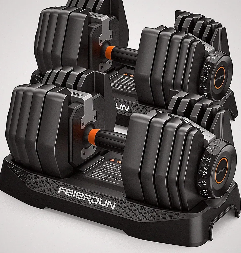 FEIERDUN 15-in-1 QuickDial Adjustable Dumbbell, 52.5lb/105lb Adjustable Weights