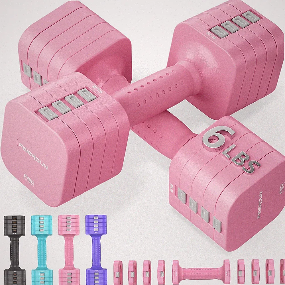FEIERDUN 5-in-1 Adjustable Dumbbell Set of 2, 12LBS/6LBS 12 lbs, B-Cute Pink