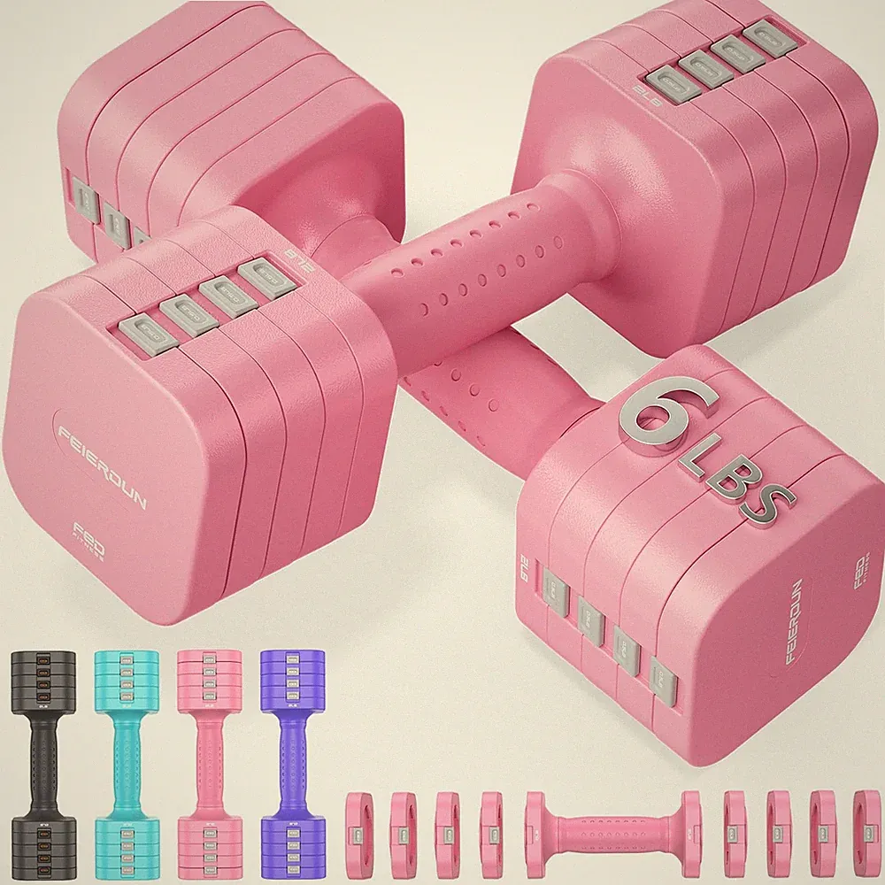 FEIERDUN 5-in-1 Adjustable Dumbbell Set of 2, 12LBS/6LBS Hand Weights for Wom...