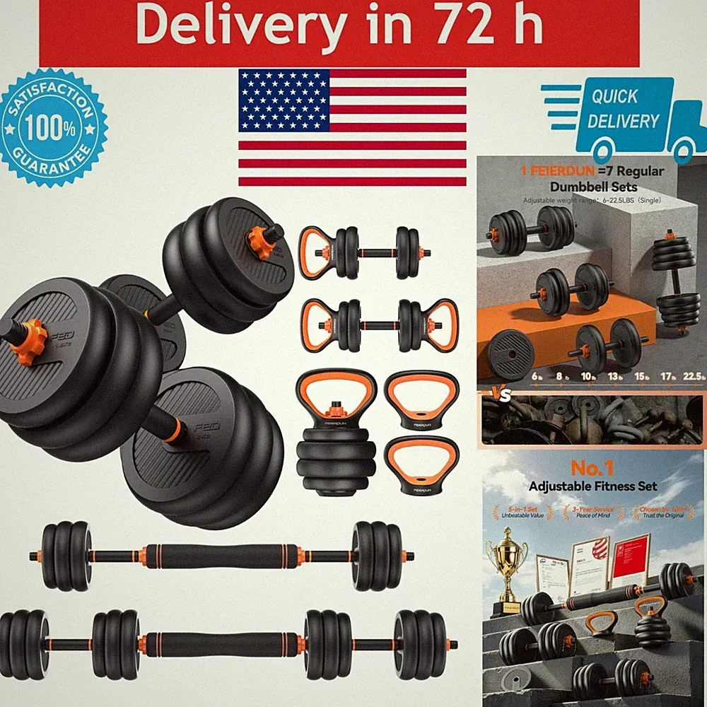 FEIERDUN Adjustable Dumbbells Set 20-90lbs, 5-in-1 Weight Training