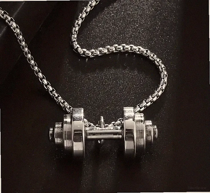 FITNESS Men Stainless Steel Dumbbell Pendant Necklace Gym Weight Lifting
