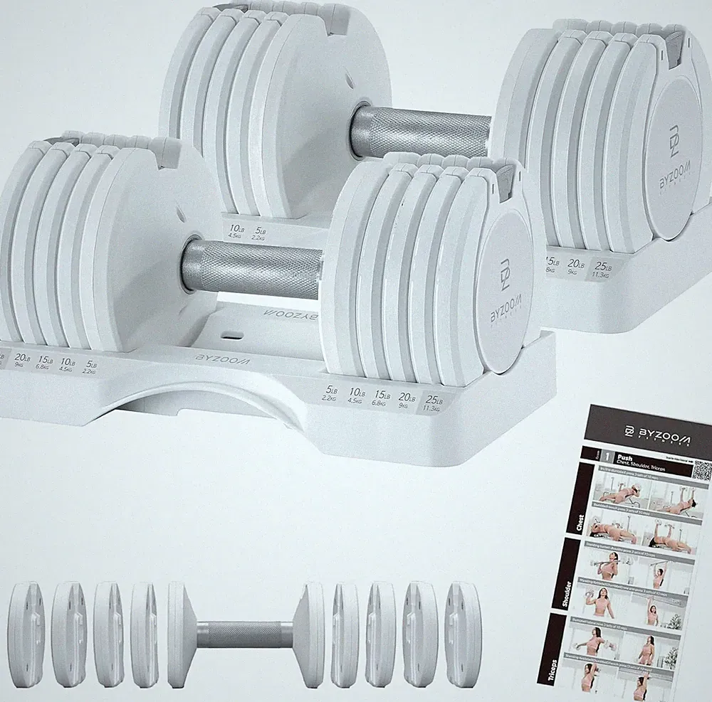 FITNESS Pure Series Adjustable Dumbbell 5-in-1 25Lb -White Pair,Fitness Workouts