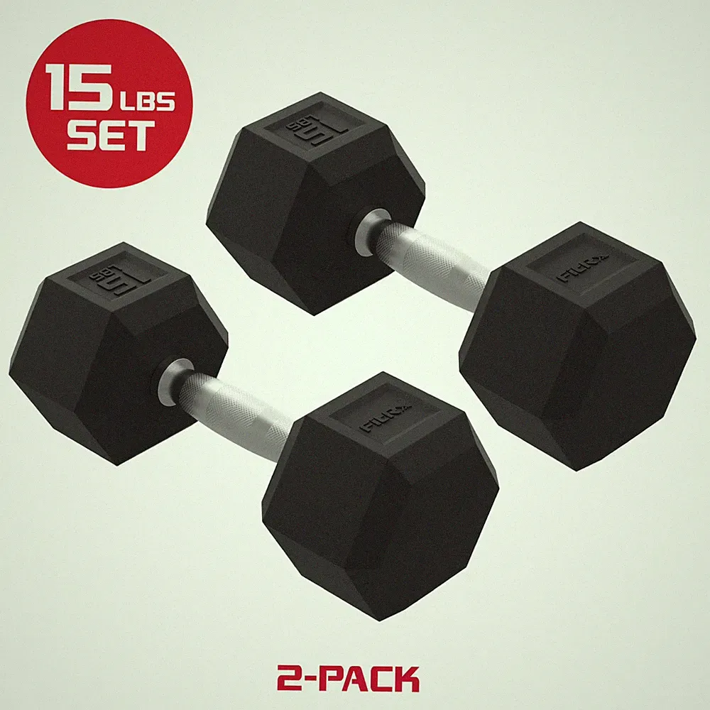 FitRx 15lbs Rubber Hex Dumbbell Set, Solid Steel Handles, Non-Slip Grip, Pair