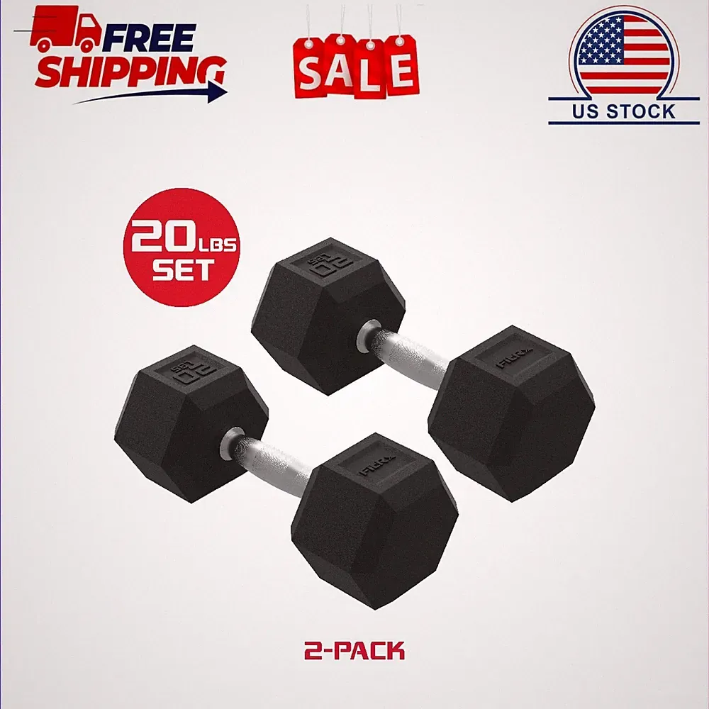 FitRx 20lbs Rubber Hex Dumbbell Set – Solid Steel Handles, Durable Rubber Coatin