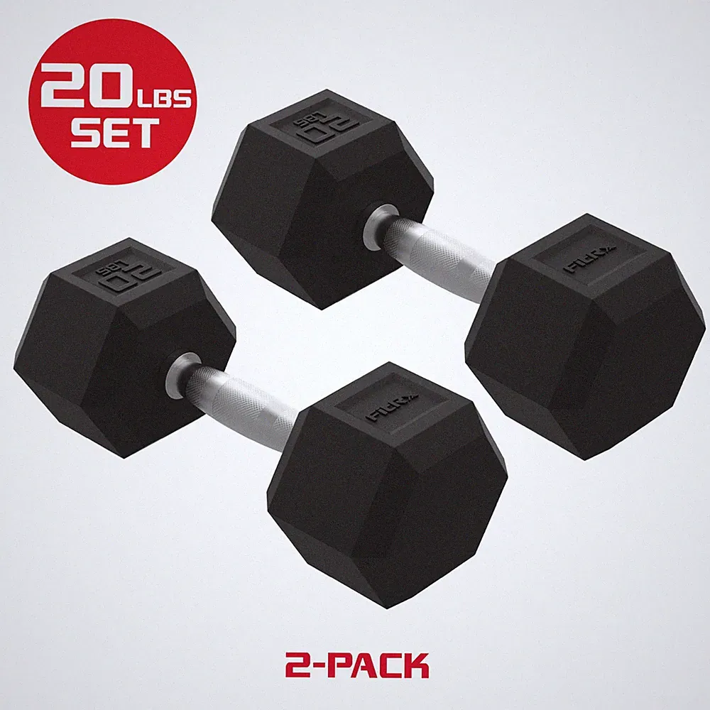 FitRx 20lbs Rubber Hex Dumbbell Set – Solid Steel Handles Durable Rubber Coating