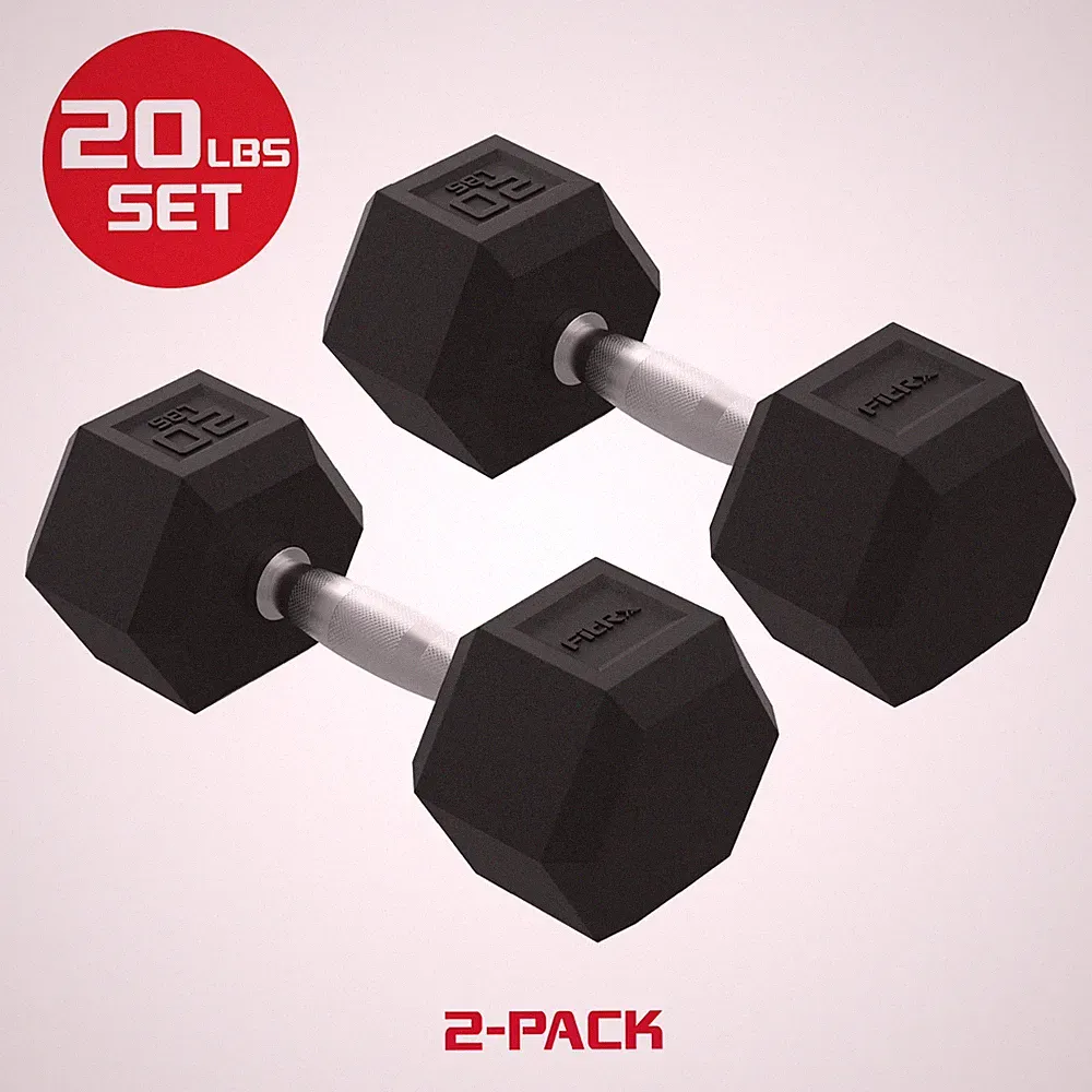 FitRx 20lbs Rubber Hex Dumbbell Set – Solid Steel Handles, Durable Rubber Pair