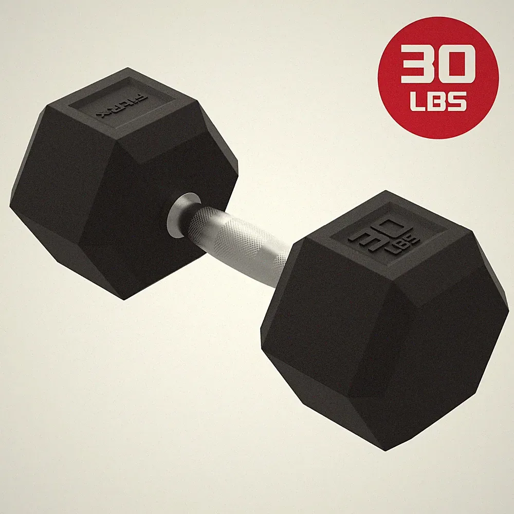 FitRx 30lbs Rubber Hex Dumbbell Solid Steel Handle, Durable Rubber, Single