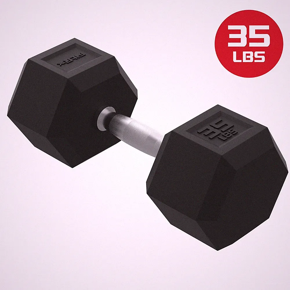 FitRx 35lb Rubber Hex Dumbbell Solid Steel Handle Durable Rubber Coating Single