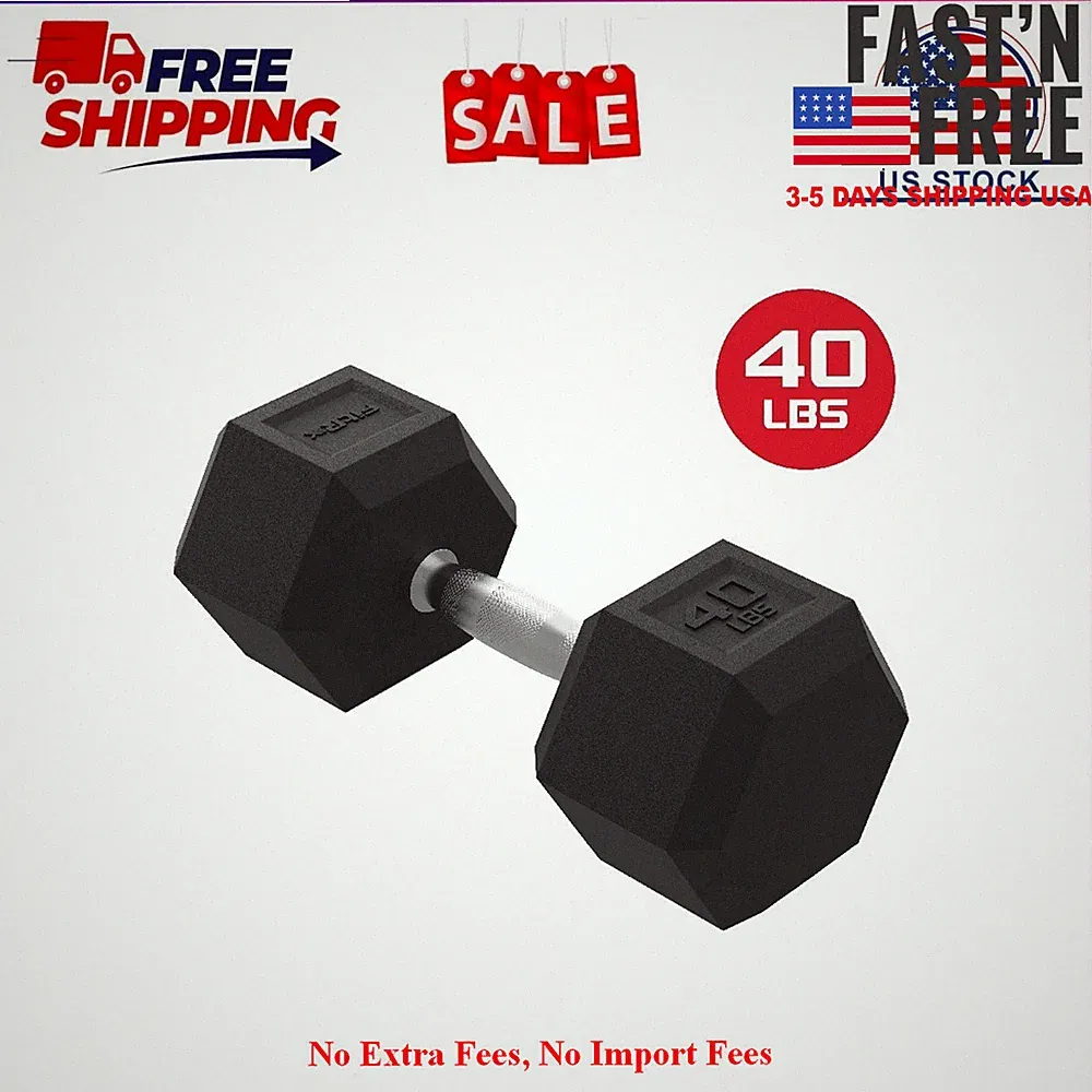 FitRx 40lbs Rubber Hex Dumbbell – Solid Steel Handle, Durable Rubber Coating