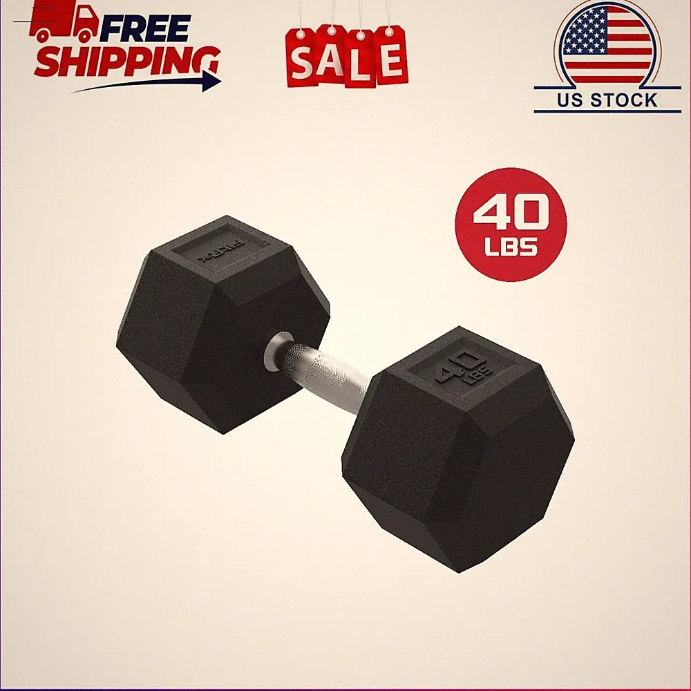 FitRx 40lbs Rubber Hex Dumbbell – Solid Steel Handle, Durable Rubber Coating, An