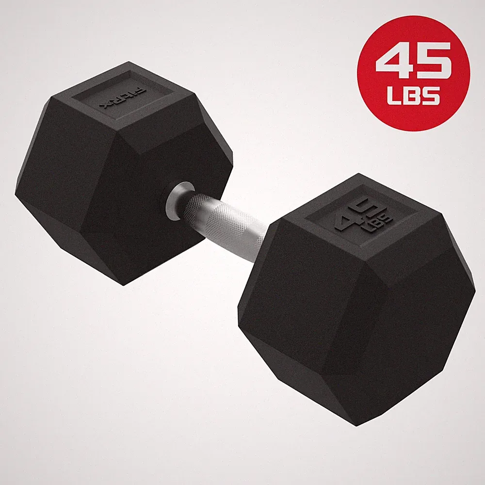 FitRx 45lbs Rubber Hex Dumbbell, Solid Steel Handle, Durable Rubber Coating