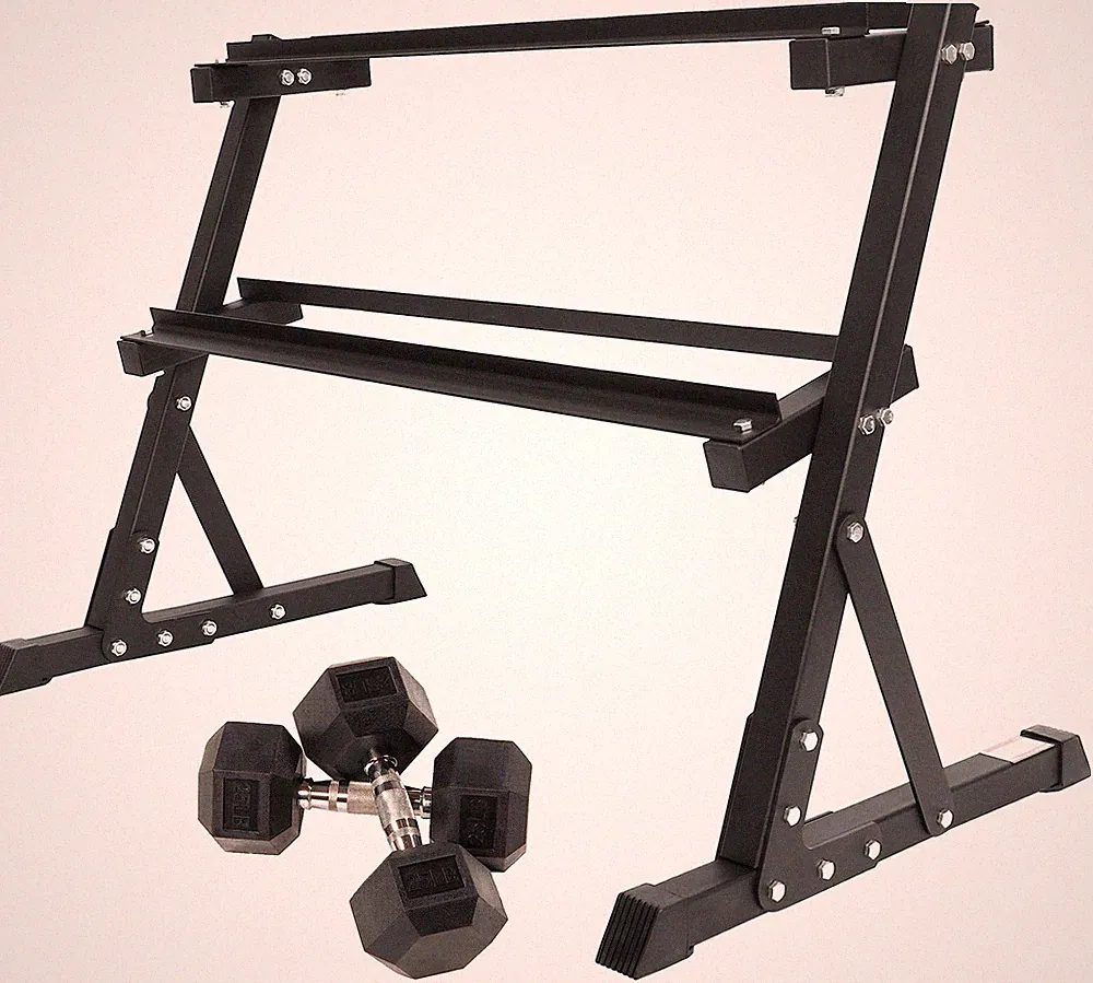 Fitvids Encased Hex Dumbbell – 25LB Pair with 2-Tier Rack – 25LB Pair with 2T...