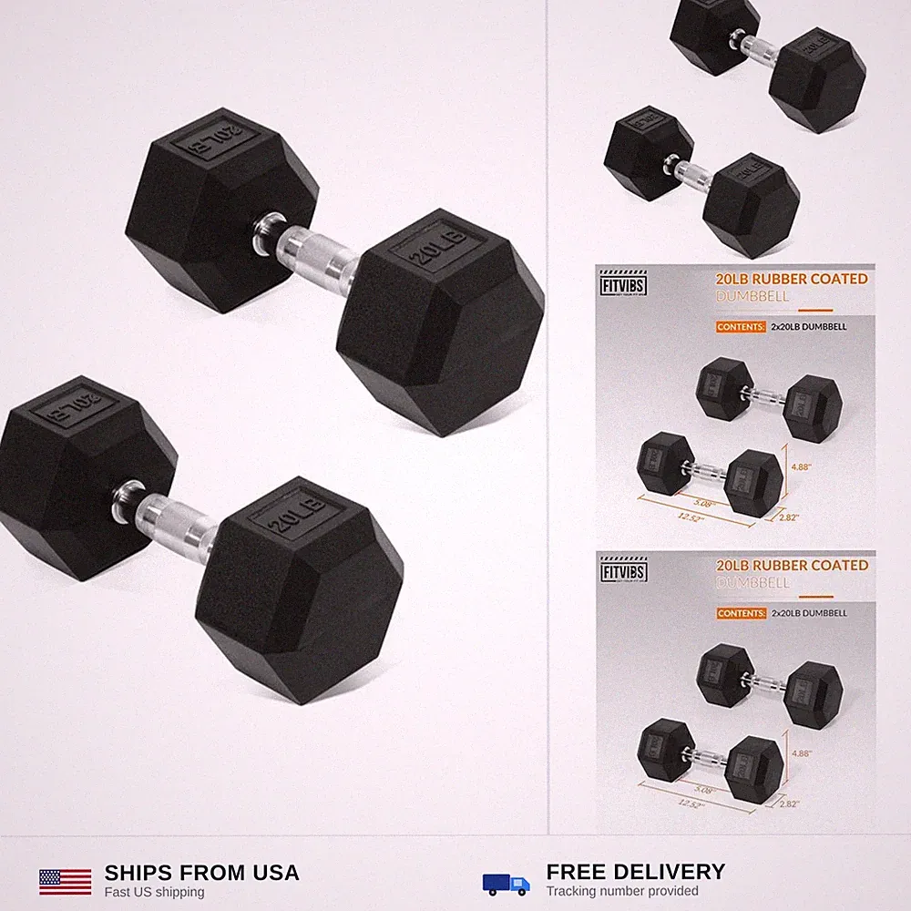 Fitvids Hex Dumbbells Rubber Coated Hand Weights for Exercises and Fitness Ho...