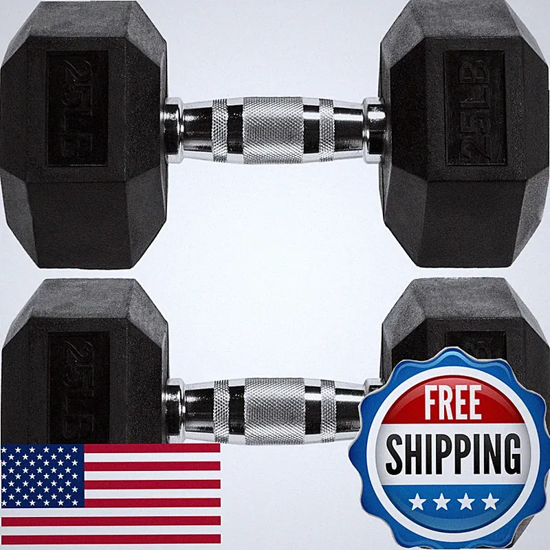 Fitvids Premium Rubber Encased Hex Dumbbell 25Lb Pair Sfdb-Blk25P