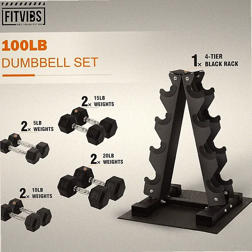 Fitvids Rubber Coated Hex Dumbbell Set with Storage Rack,100