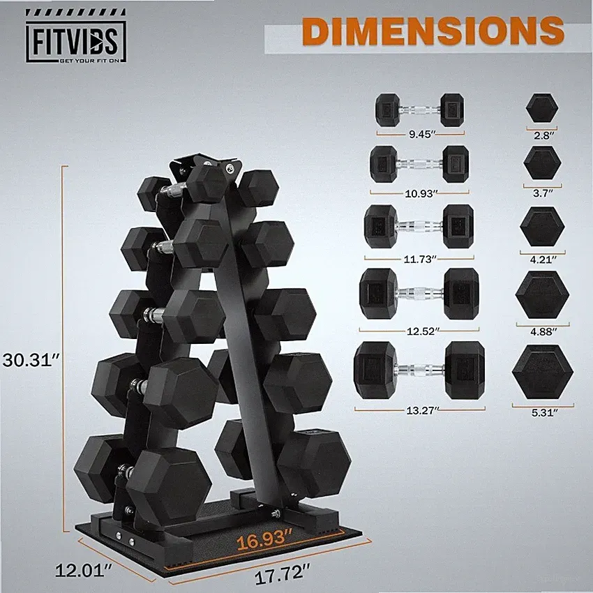 Fitvids Rubber Coated Hex Dumbbell Set with Storage Rack 150LBS