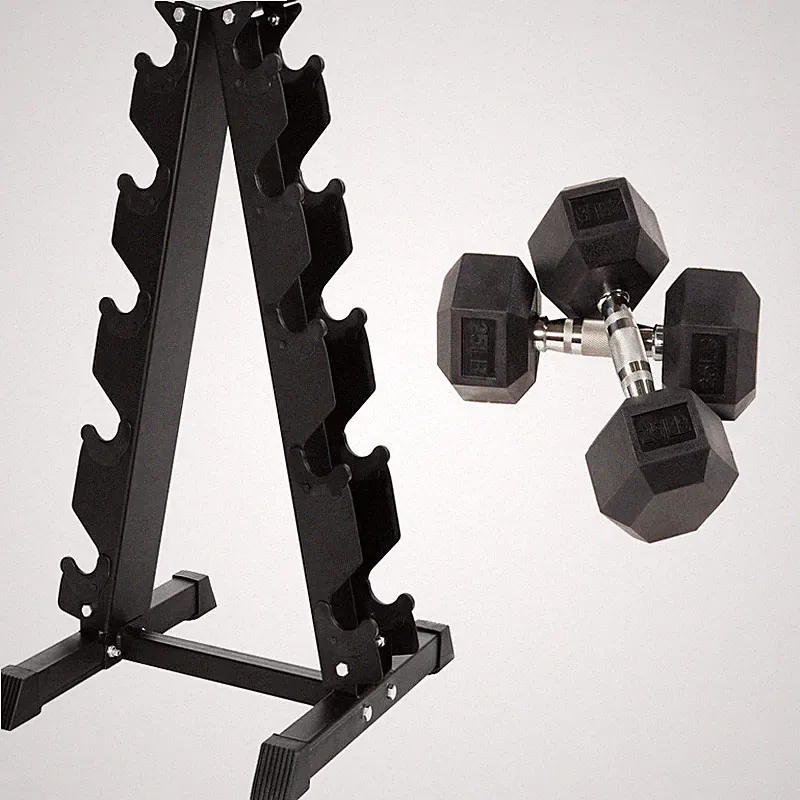 Fitvids Rubber Encased Hex Dumbbell 25Lb Pair A-Frame Rack