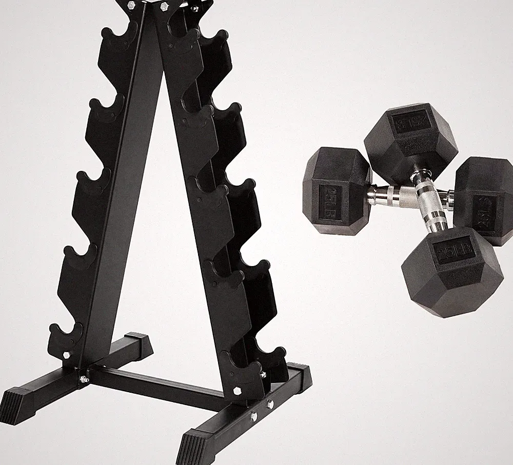 Fitvids Rubber Encased Hex Dumbbell 25LB Pair W/ A-Frame Rack