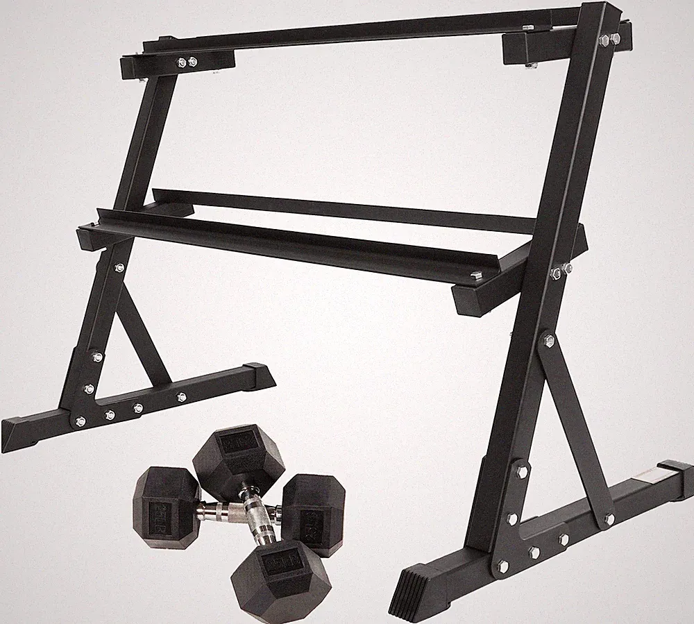Fitvids Rubber Encased Hex Dumbbell – 25LB Pair with 2-Tier Rack – 25LB Pair...