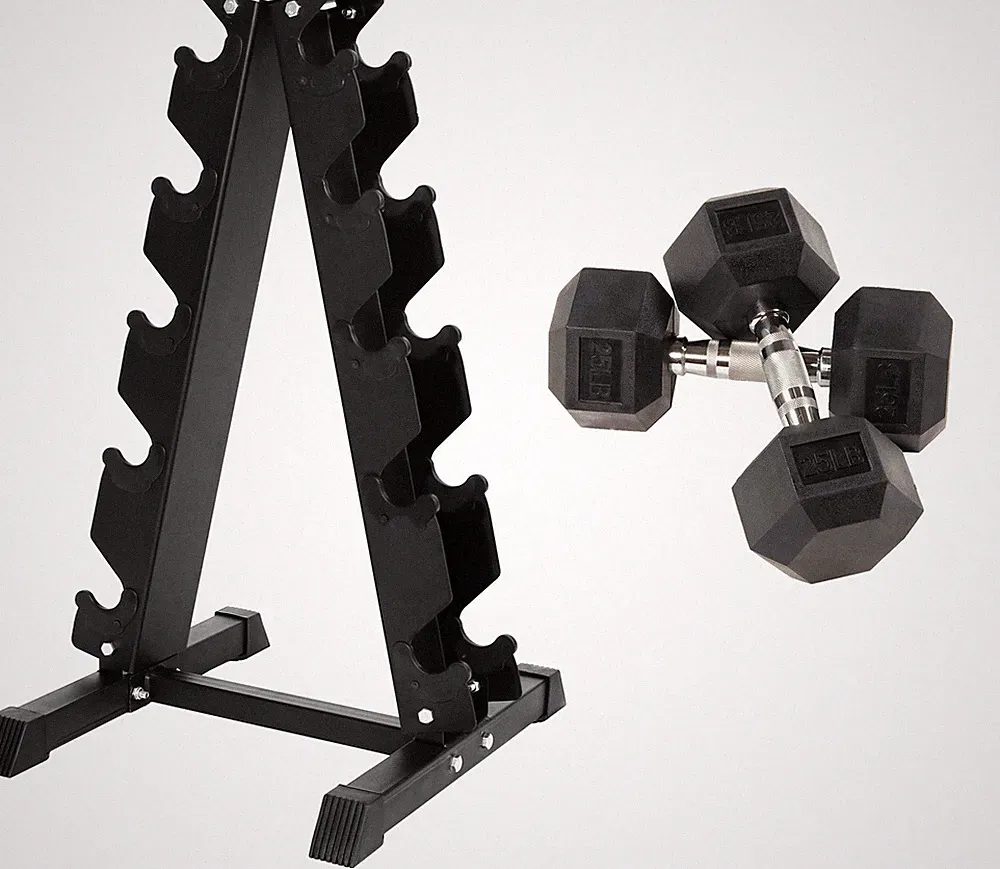 Fitvids Rubber Encased Hex Dumbbell, 25LB Pair with A-Frame Pair, Black